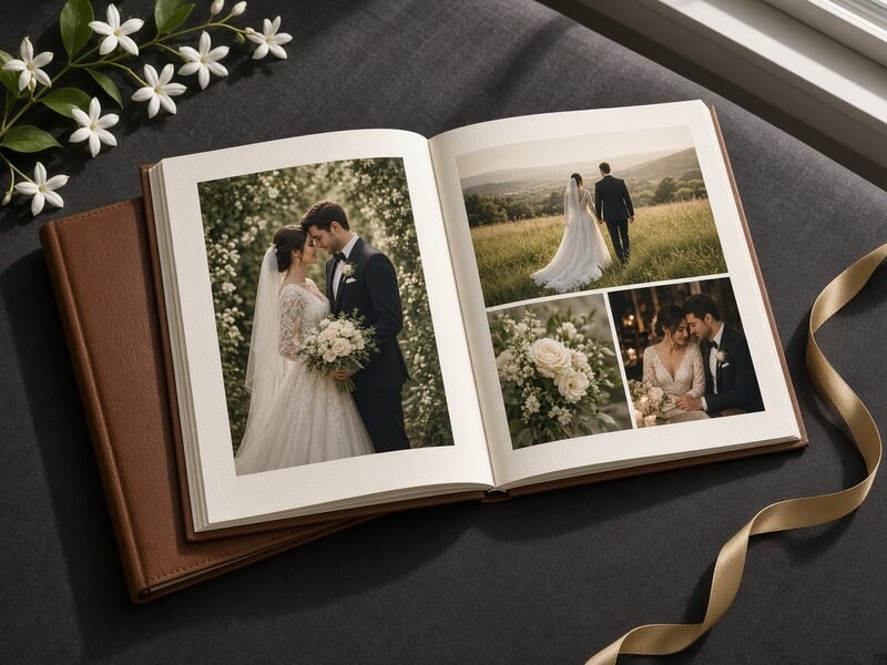 Open layflat wedding album on a linen table with jasmine flowers