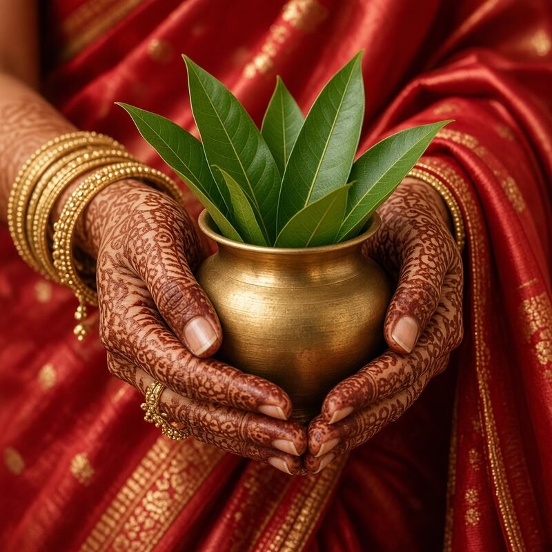 Close-up of a bride’s mehendi-covered hands holding a brass kalash