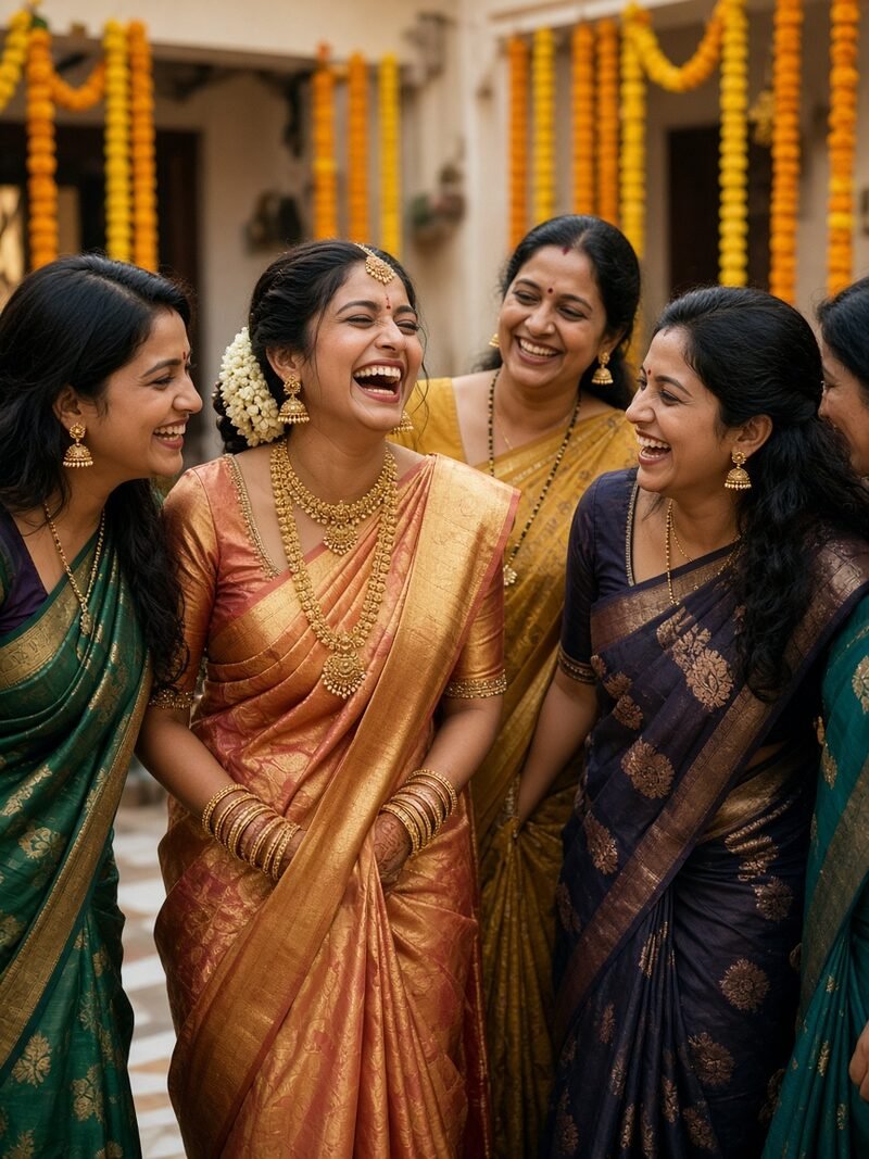 A bride laughing with her sisters in a courtyard strung with marigolds
