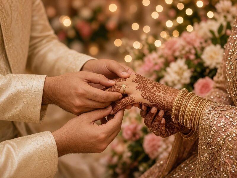 Close-up of a couple exchanging engagement rings with mehendi on their hands