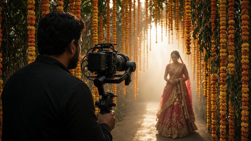 Cinematographer filming a bride walking beneath hanging marigold strings
