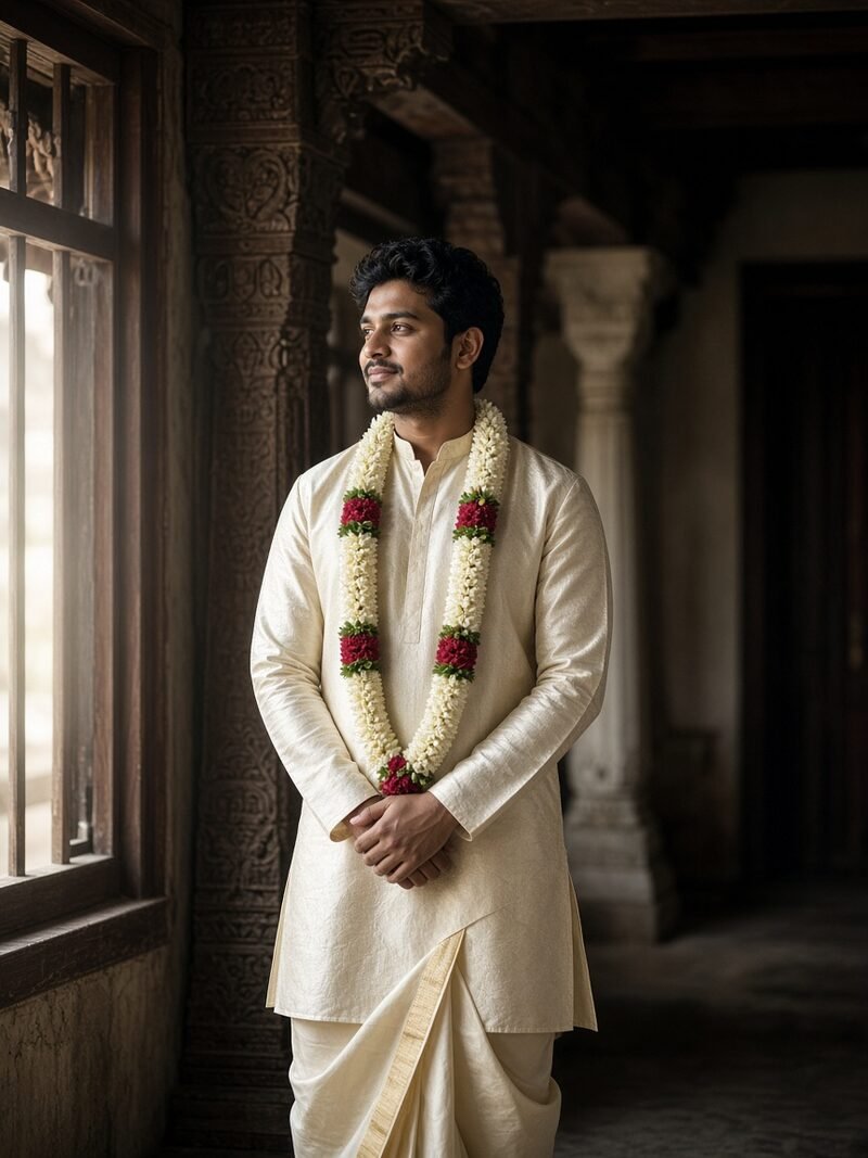 Groom in cream silk with a garland in a heritage house
