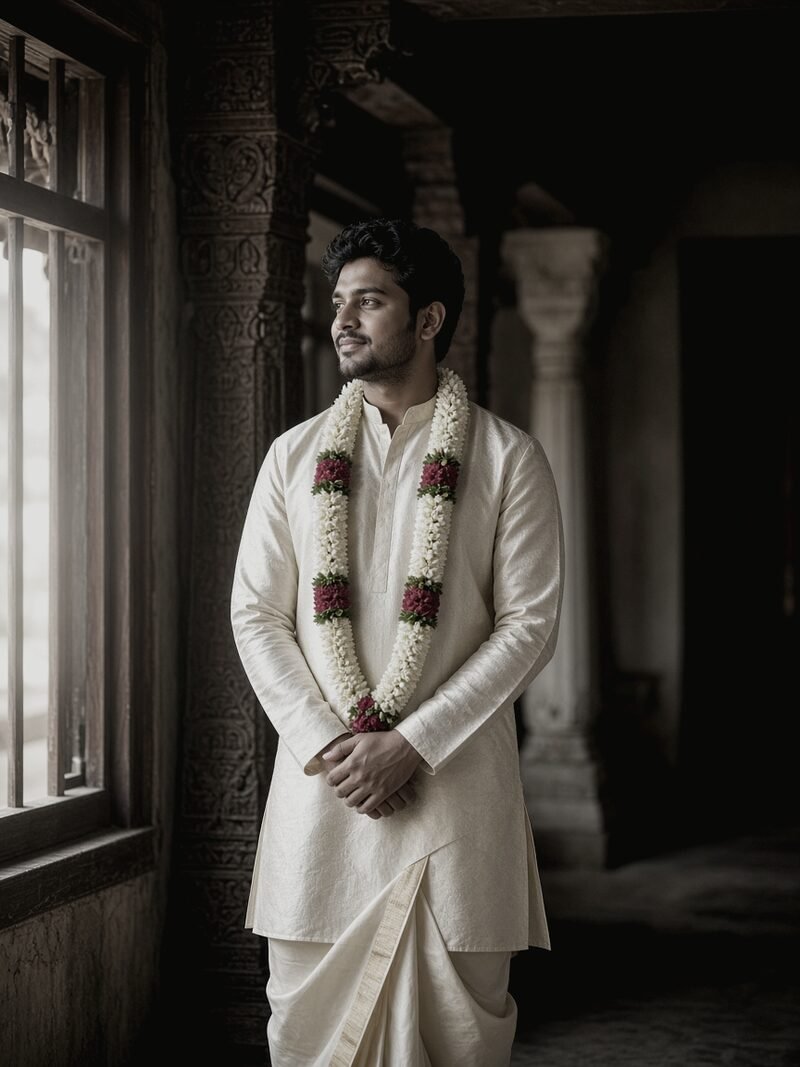 Unedited version of a groom portrait: flat, low-contrast colours