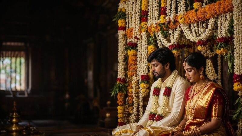 Bride and groom seated beneath a jasmine and marigold mandap before the muhurtham