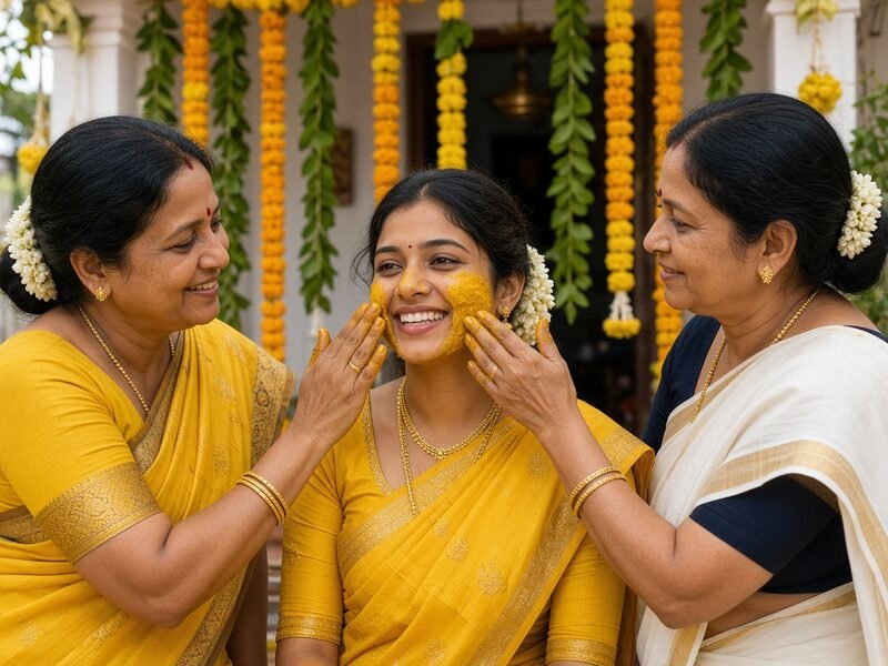 Relatives applying turmeric to the bride during Pellikuturu