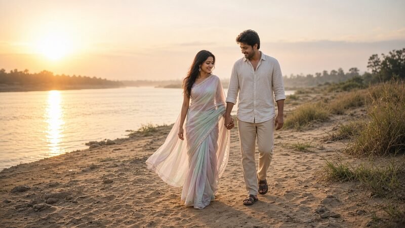 Couple walking hand in hand along a river bank at golden hour