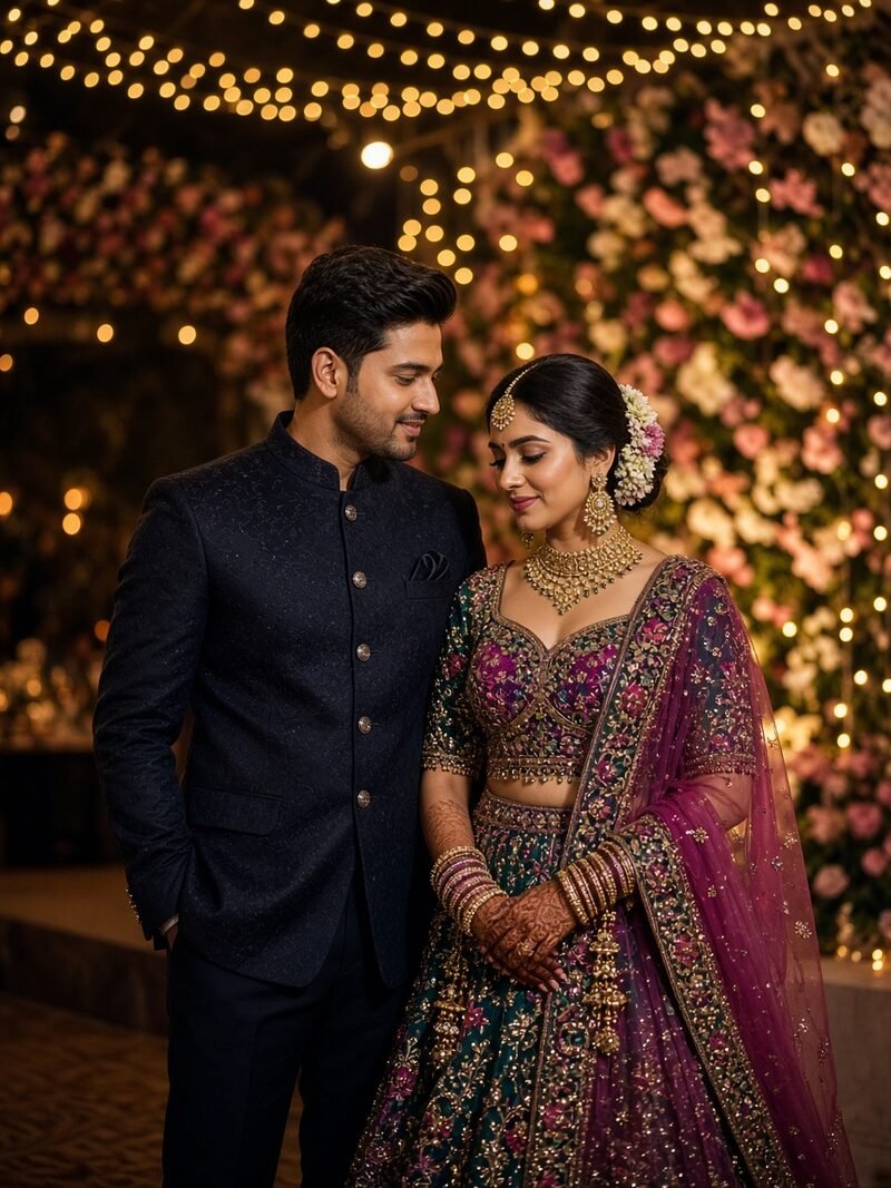 Couple on a reception stage under warm lights