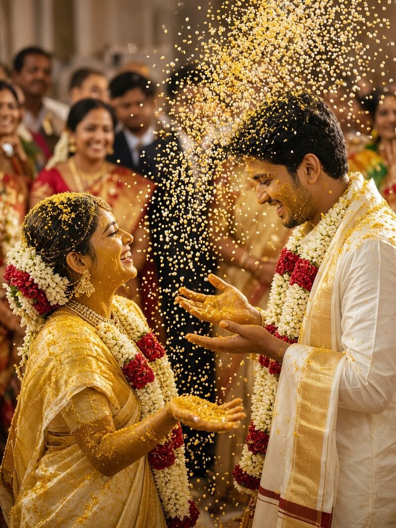 Bride and groom showering each other with talambralu rice during a Telugu wedding
