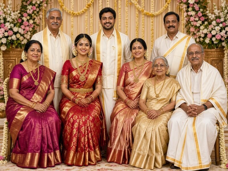 Formal family group portrait with the bride and groom at the centre of a wedding stage